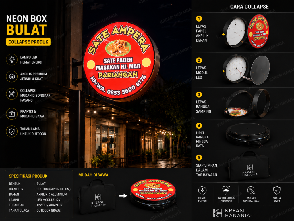 Neon box bulat akrilik LED custom dengan sistem collapse bongkar pasang untuk toko, restoran, cafe, dan kebutuhan branding usaha outdoor.