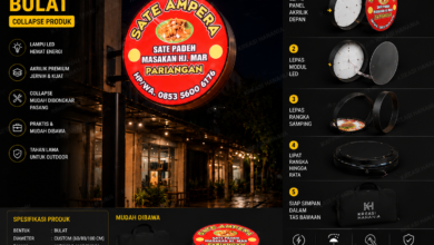 Neon box bulat akrilik LED custom dengan sistem collapse bongkar pasang untuk toko, restoran, cafe, dan kebutuhan branding usaha outdoor.